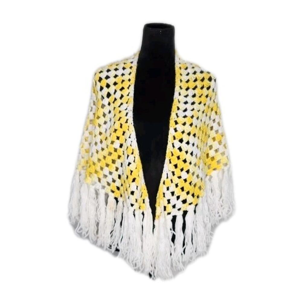 Handmade Vintage 70s Grannycore Crochet Triangle Shawl White Yellow Fringe